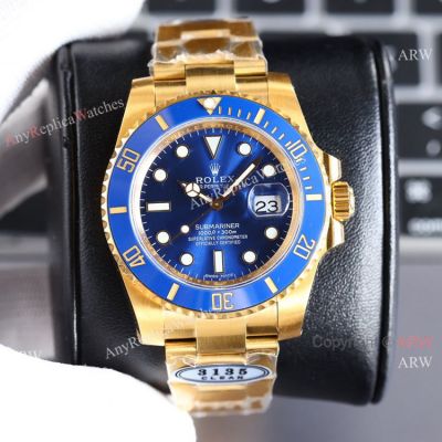 Clean Factory Superclone Rolex Bluesy Submariner Cal.3135 Watch Gold and Blue 40mm